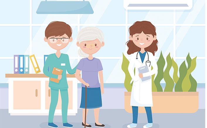 A doctor talking to an elderly woman in a hospital.