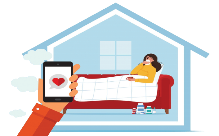 A woman holding a smartphone in front of a house with a heart on it.