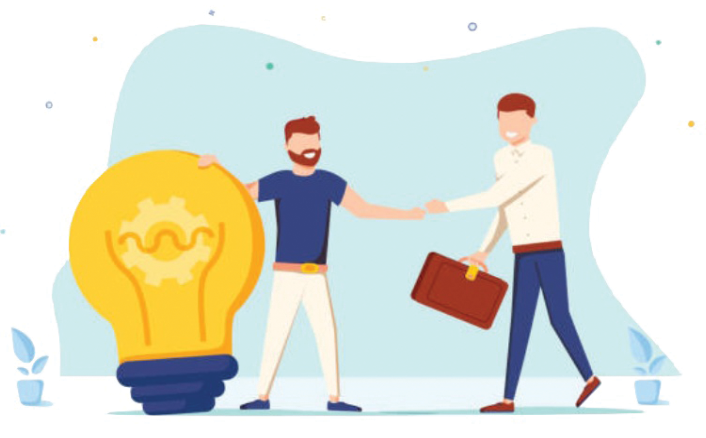 Two businessmen shaking hands with a light bulb.