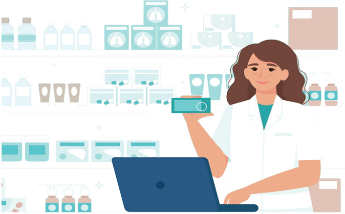 A woman in a lab coat holding a laptop in a pharmacy.
